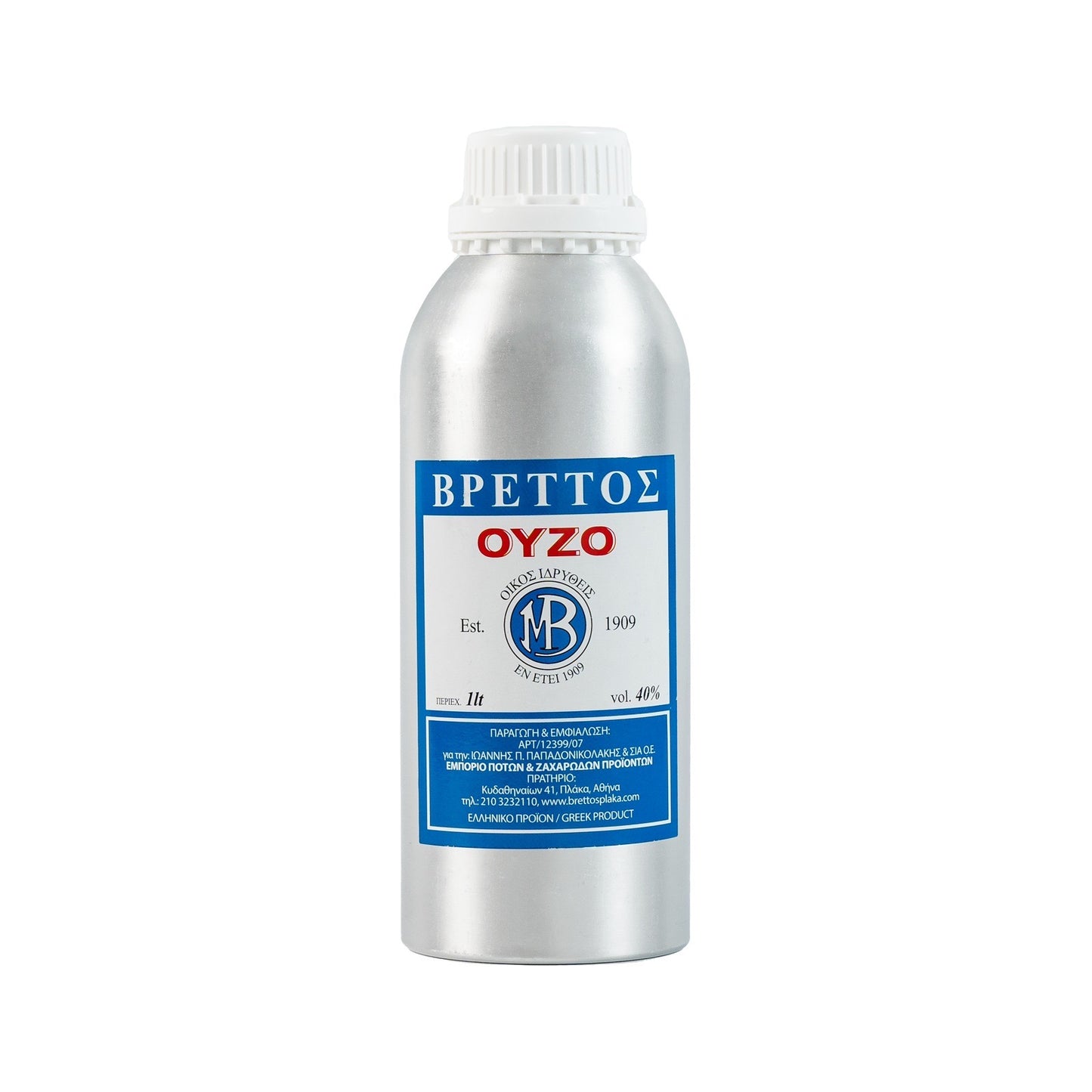 Ouzo Brettos Blue Label, Metallic Canister, 1lt -40% alcohol