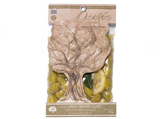 Asopos Groves Green Cracked  Olives with Lemon and Herb Marinated 250gr